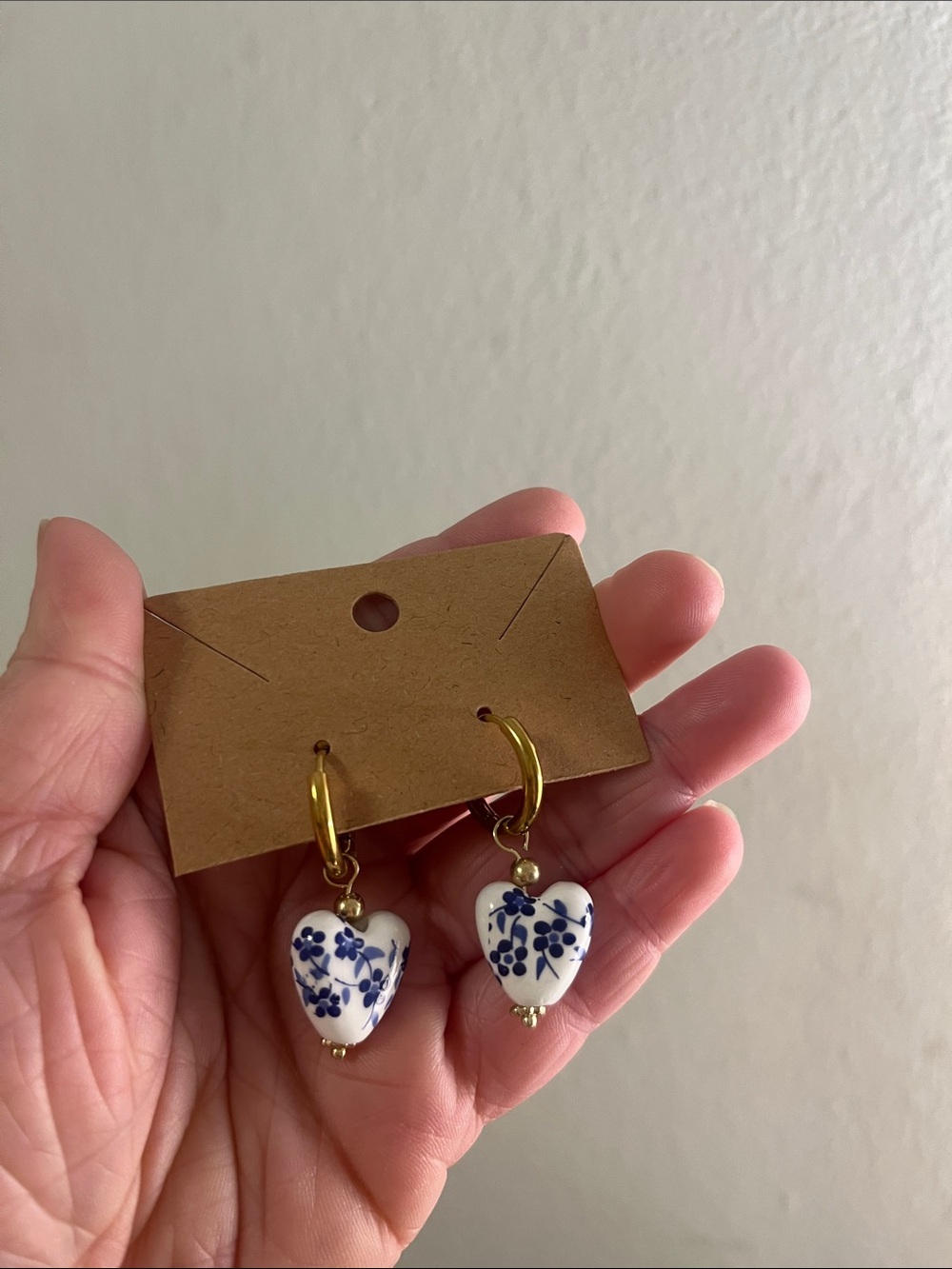 Blue Floral Heart Drop Earrings - Gold Hoops